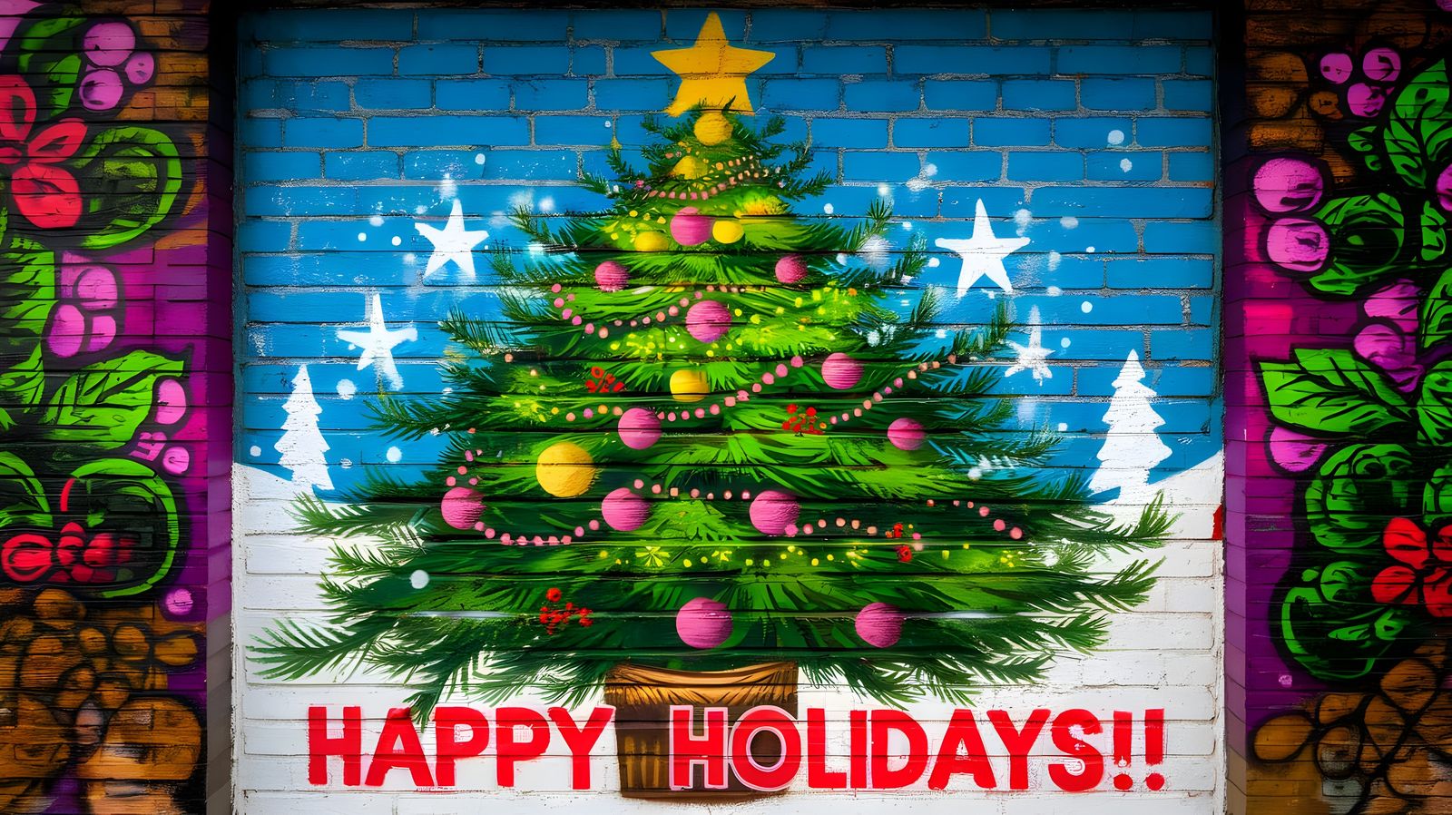 Vibrant Holiday Graffiti on a Brick Wall