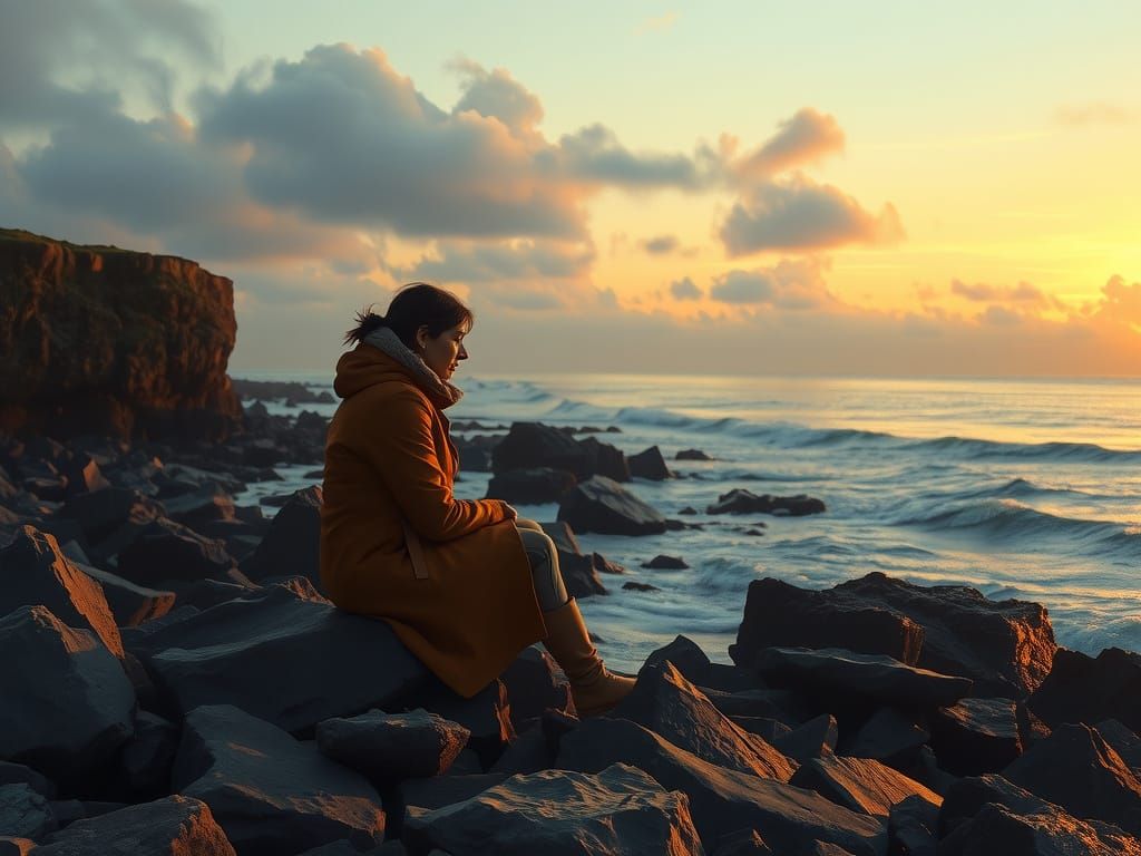 Contemplative Figure at Sunset: Evocative Landscape