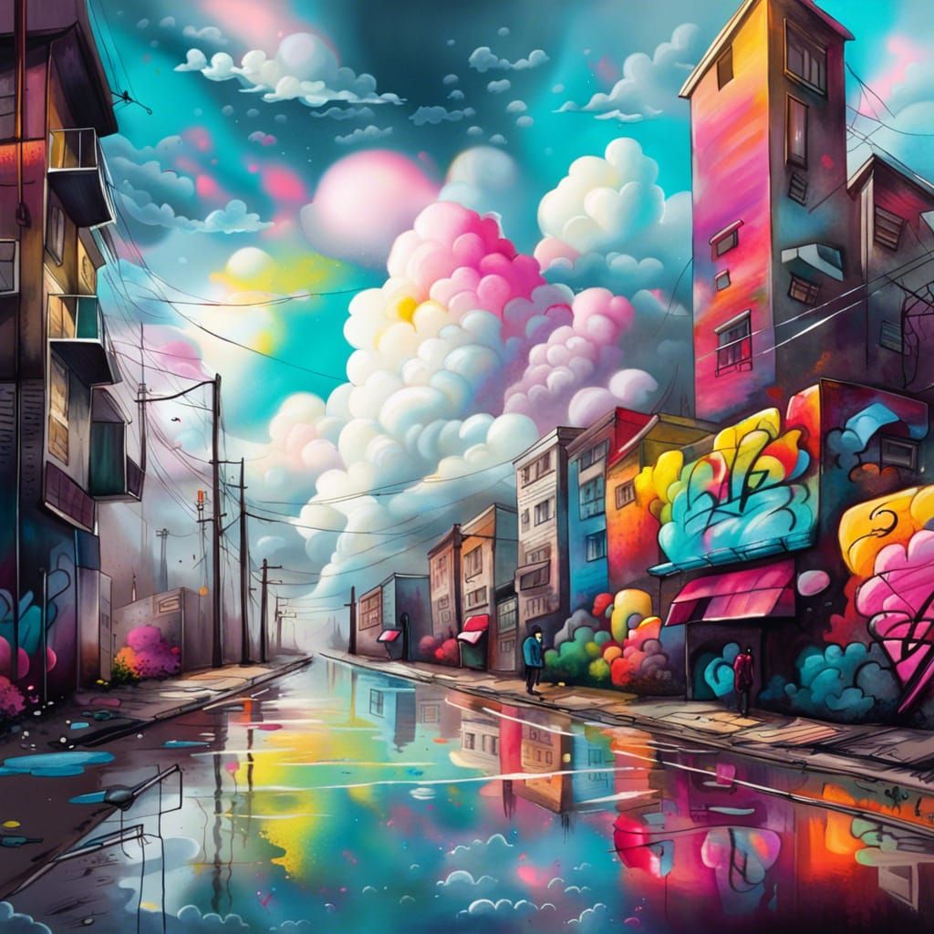 Colorful Cityscape with Graffiti Art Clouds