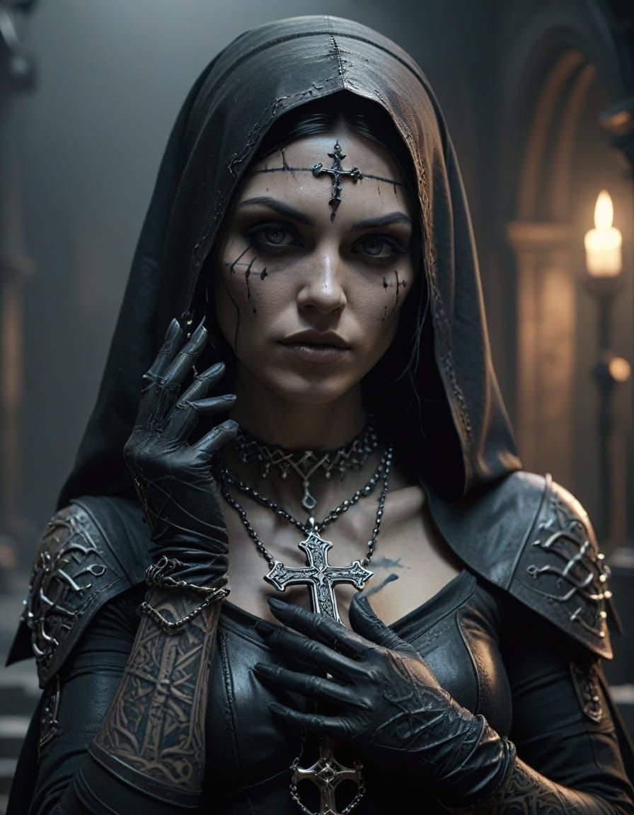 Tattooed Nun in Gothic Style, Making Gang Signs, with Intric...