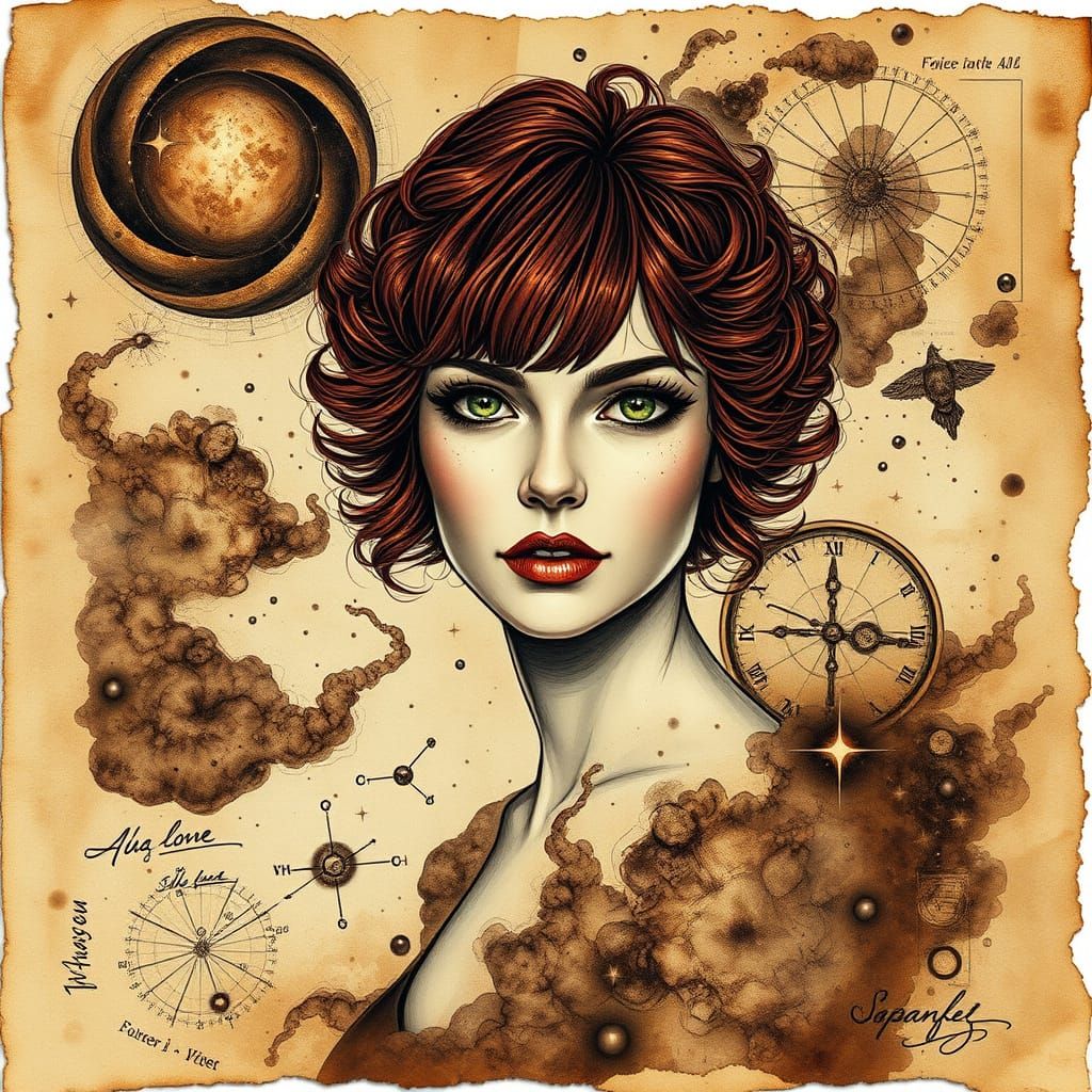 Woman with emerald green eyes and short auburn curly hair wi...