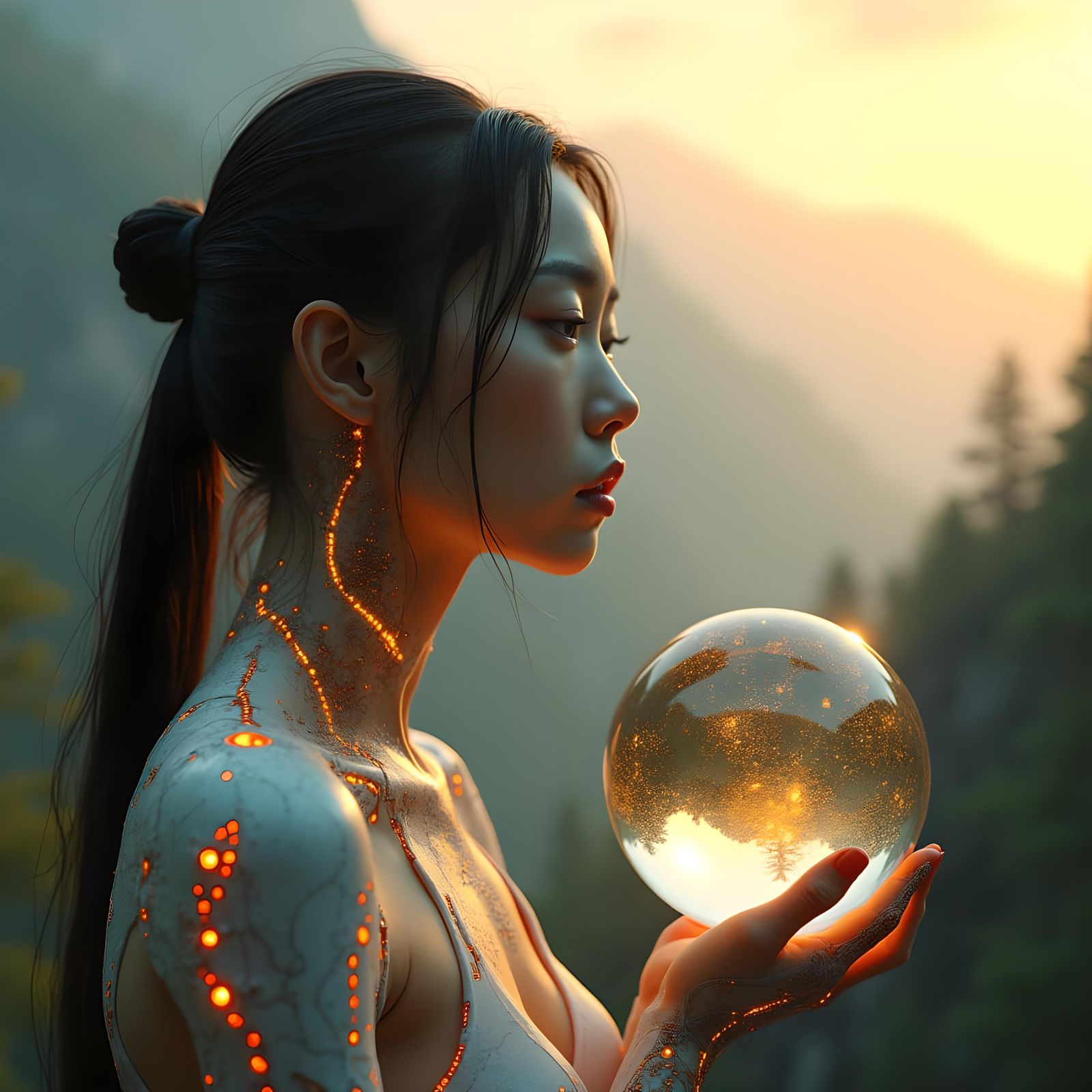Cyborg Woman in Crystal Ball with God Rays