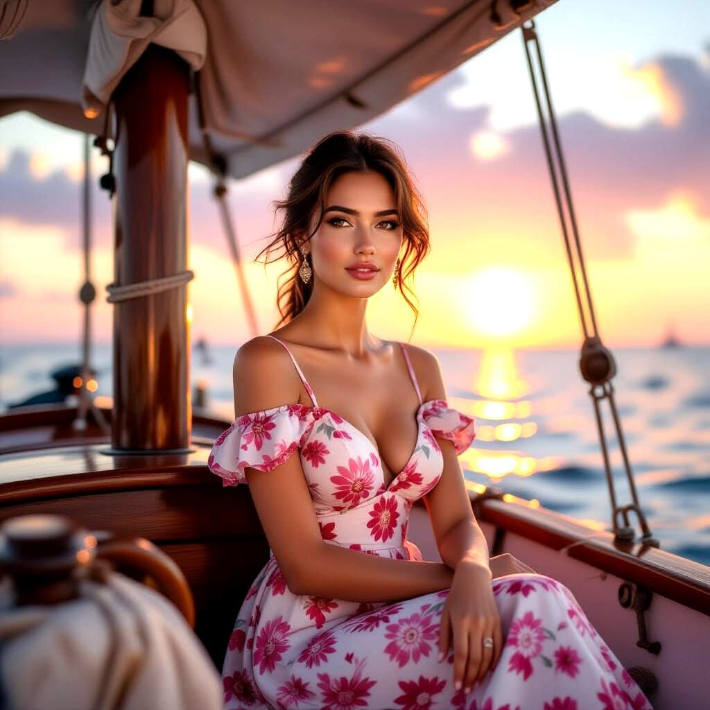Woman in Floral Dress on Sailboat at Dawn