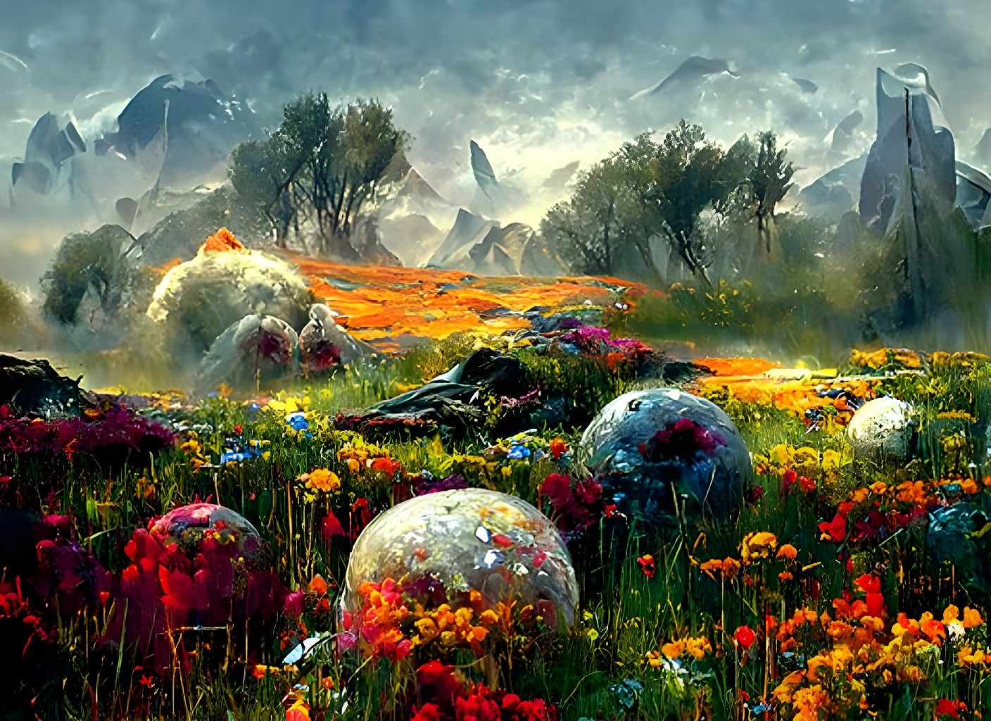 Vibrant Wildflower Field with Mountains in Digital Art