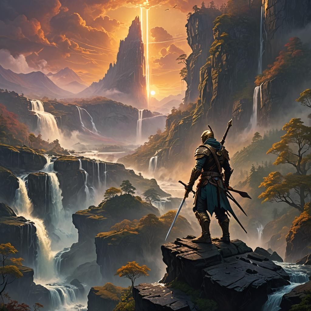 Futuristic Warrior Gazes at Sunrise: Matte Painting