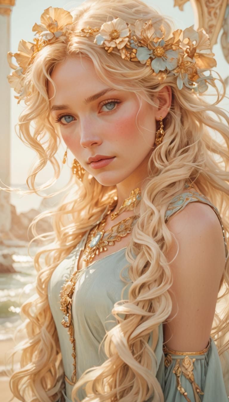 Ethereal Woman on Beach in Art Nouveau Style