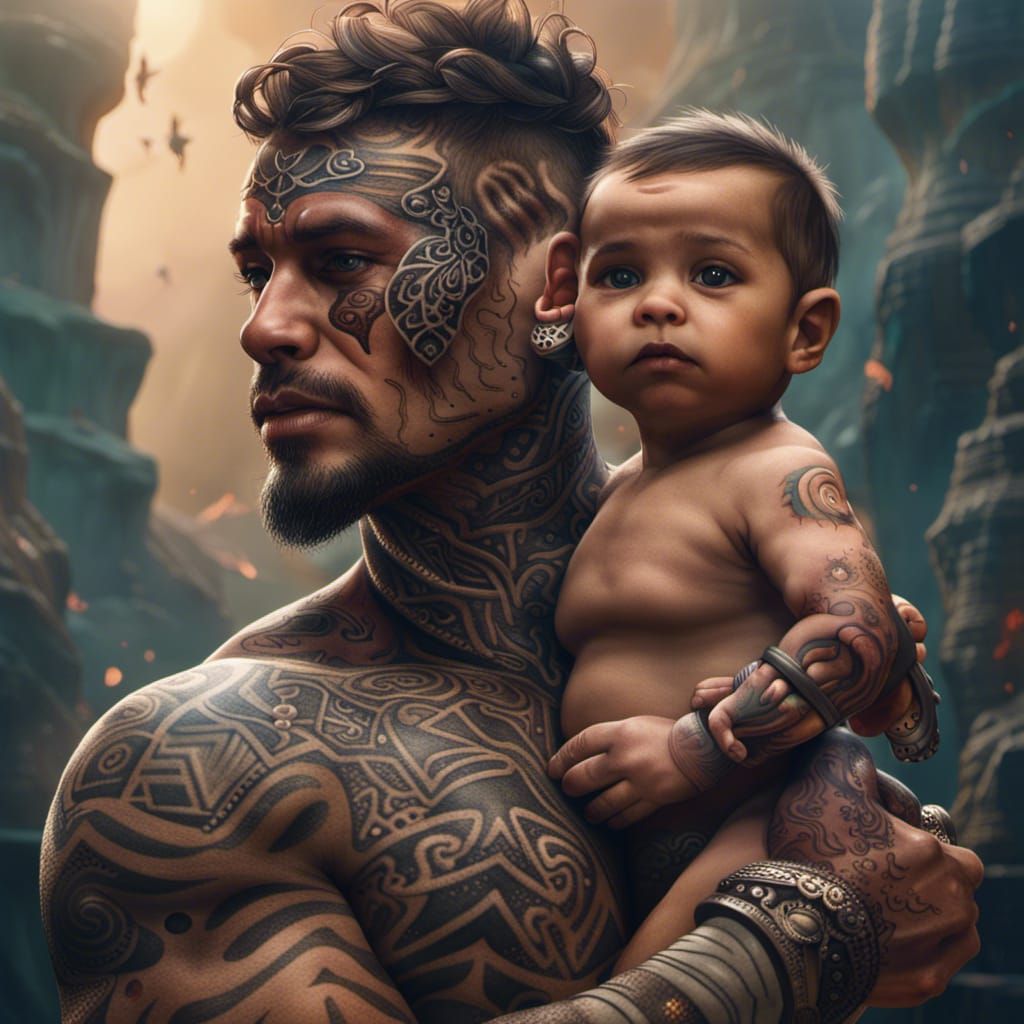 Tribal Man Holding Baby: Fantasy Concept Art