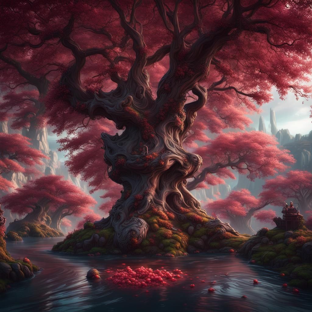 Cherry Diaspora: Detailed Matte Painting in Deep Color