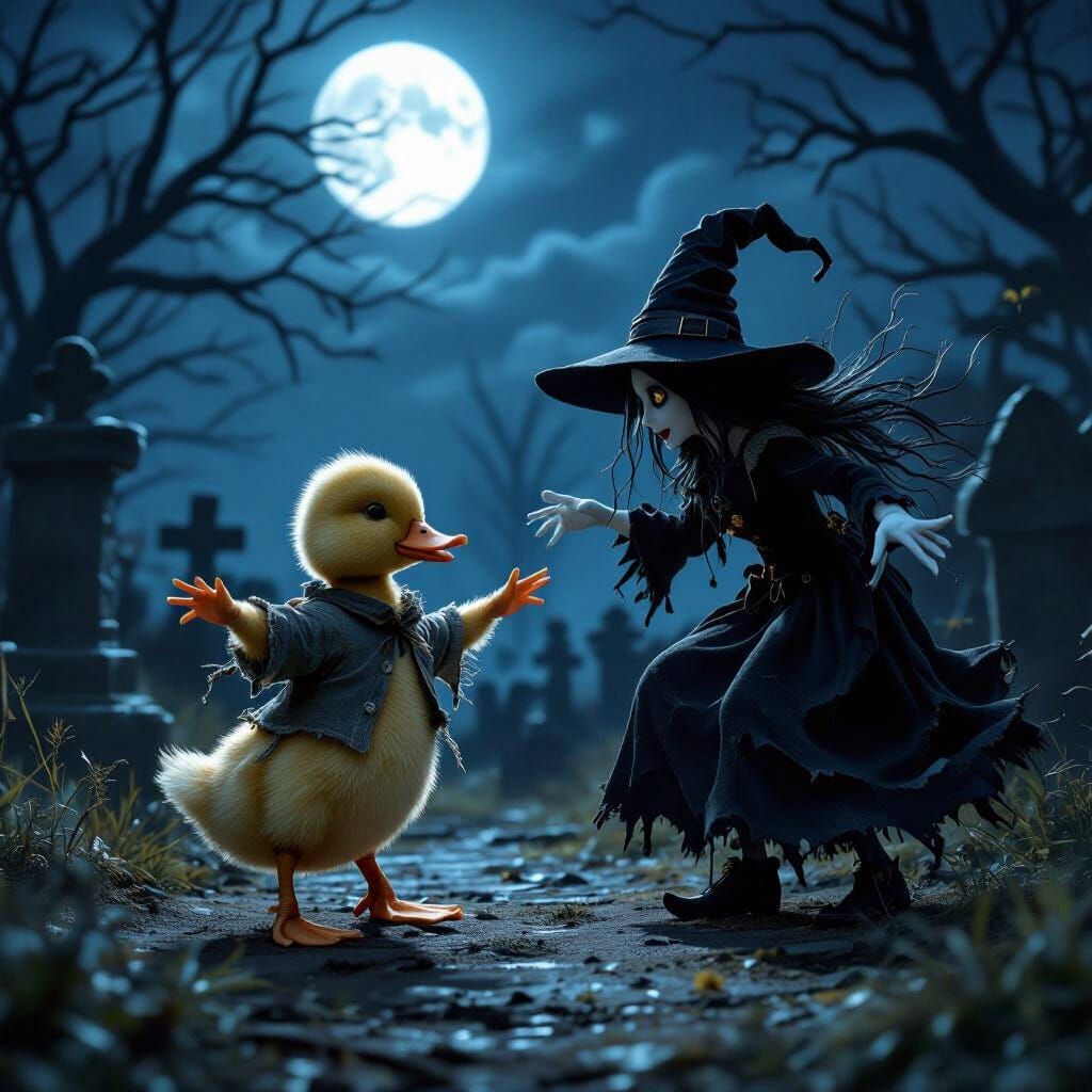 Duckling's Dance with Witch in Graveyard: 3D Rendering