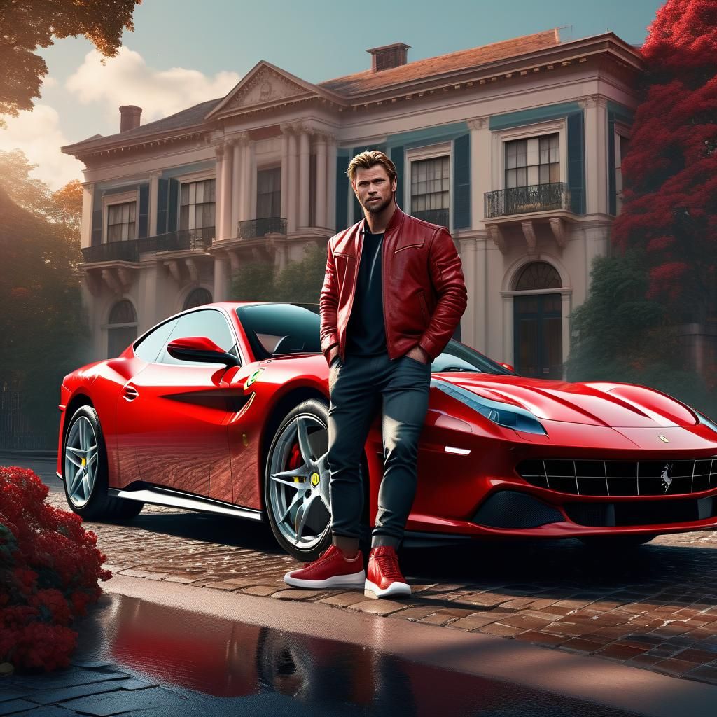 Chris Hemsworth in Red Leather Jacket, Cinematic Digital Art