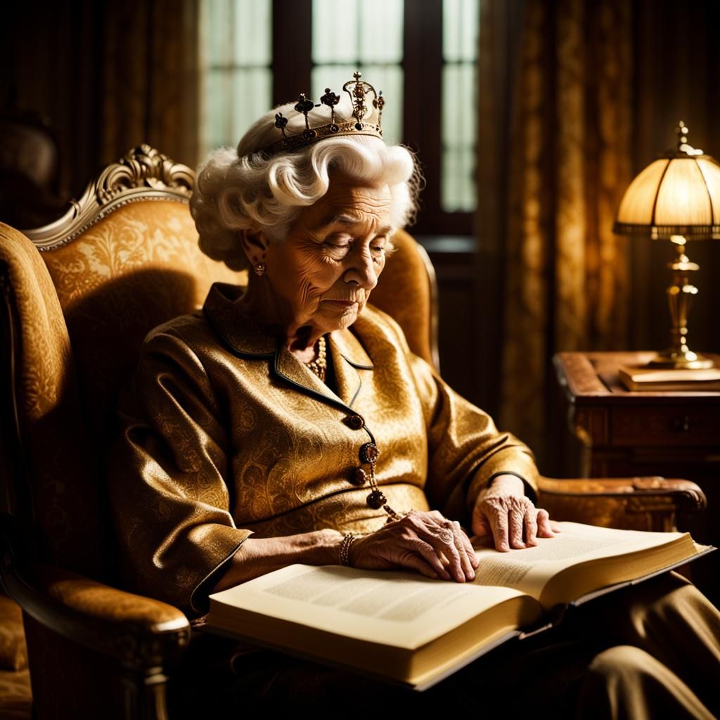 Aging Queen Asleep in Chair: Cinematic Film Still