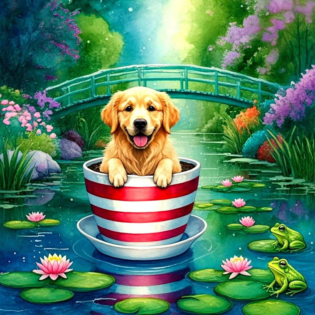 Golden Retriever in Whimsical Floral Wonders Landscape