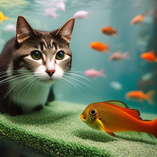 Cat Watching Beta Fish in Tank: Realistic 16K