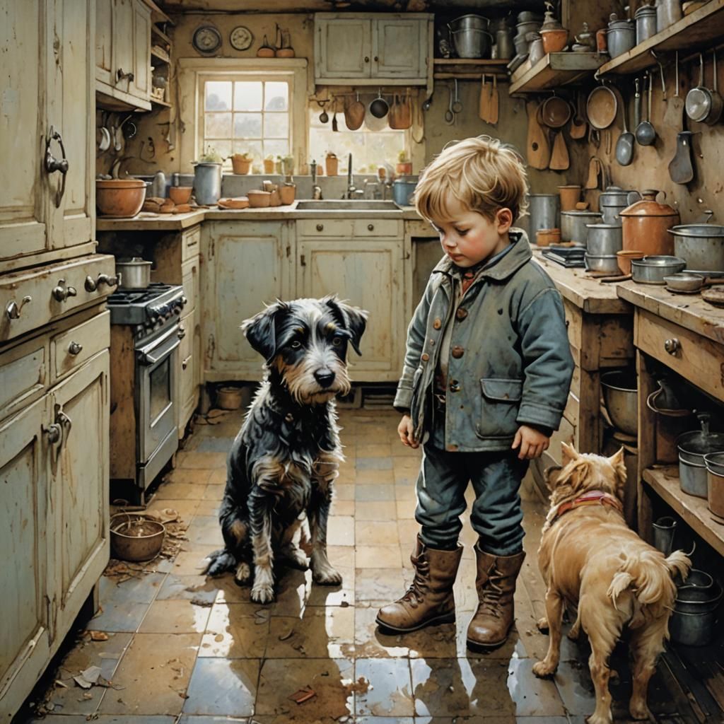 Toddler and Dog in Kitchen, Intricate Art