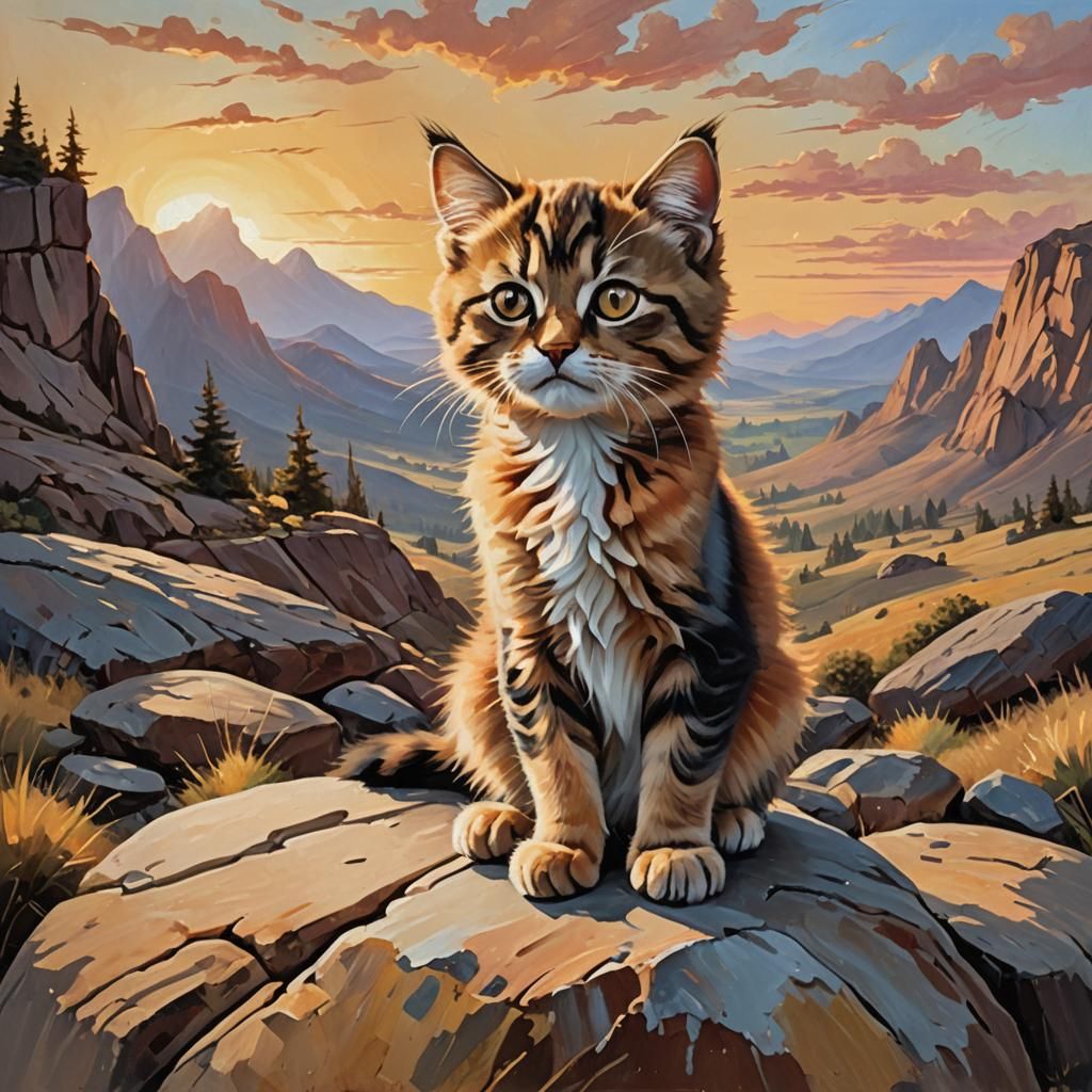 Grumpy Kitten at Sunset: An Oil Painting
