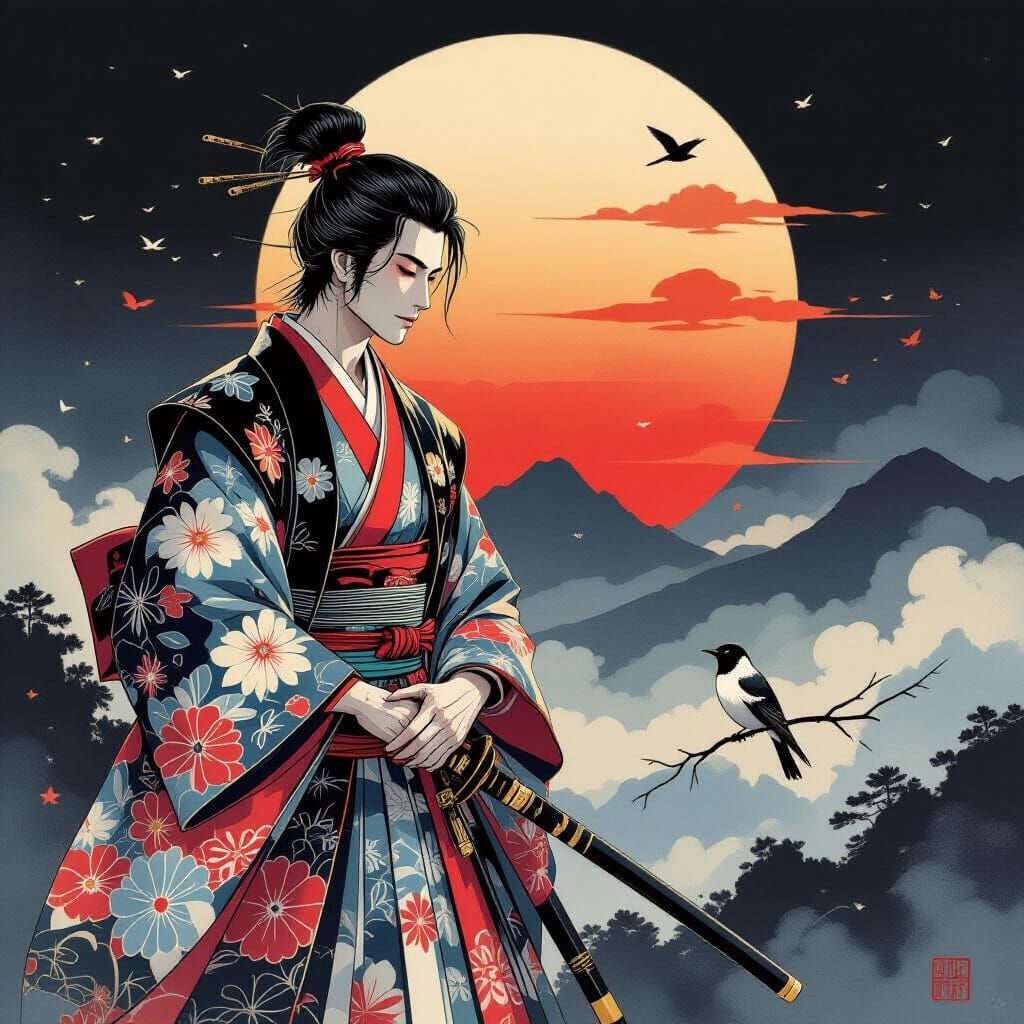 Gay Samurai in Kimono Under Ascending Moon, Ukiyo-e Style