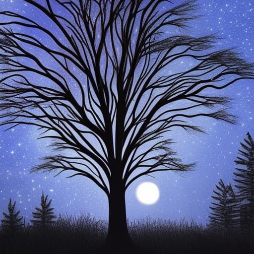 Eldritch Moonlit Horror: Negative Tree Digital Illustration