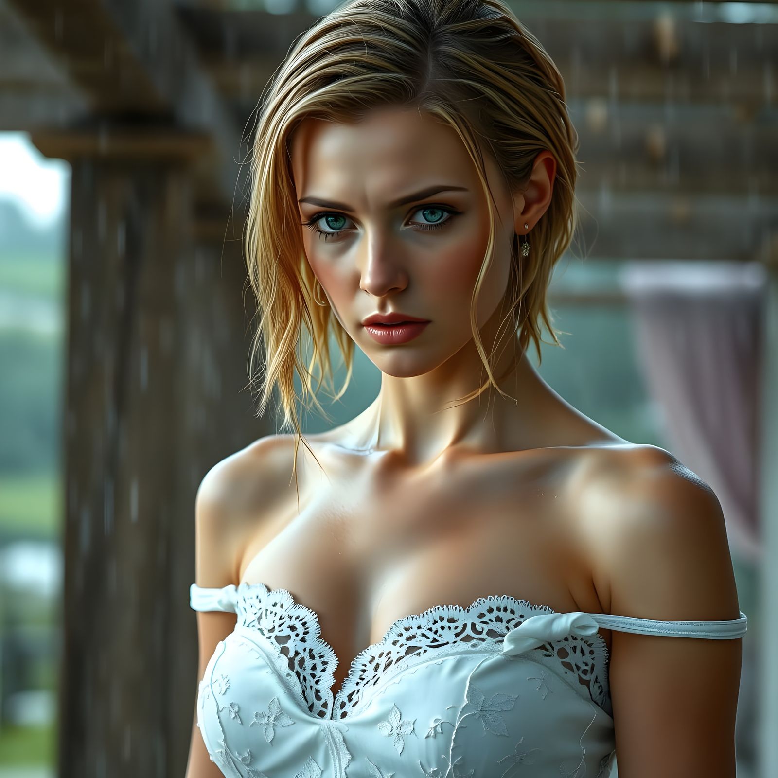 Stunning European Woman Under Pergola in Rainy Day