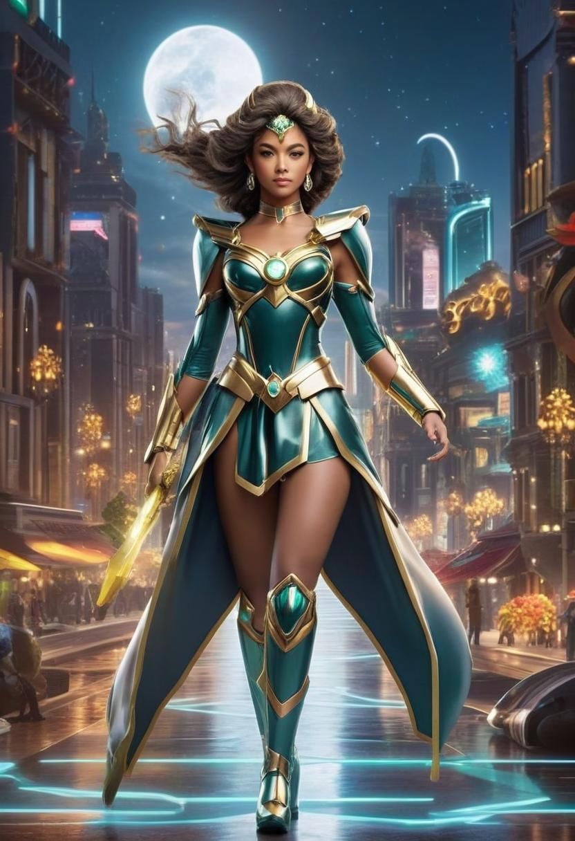 Voluptuous Woman in White Armor, Futuristic Landscape