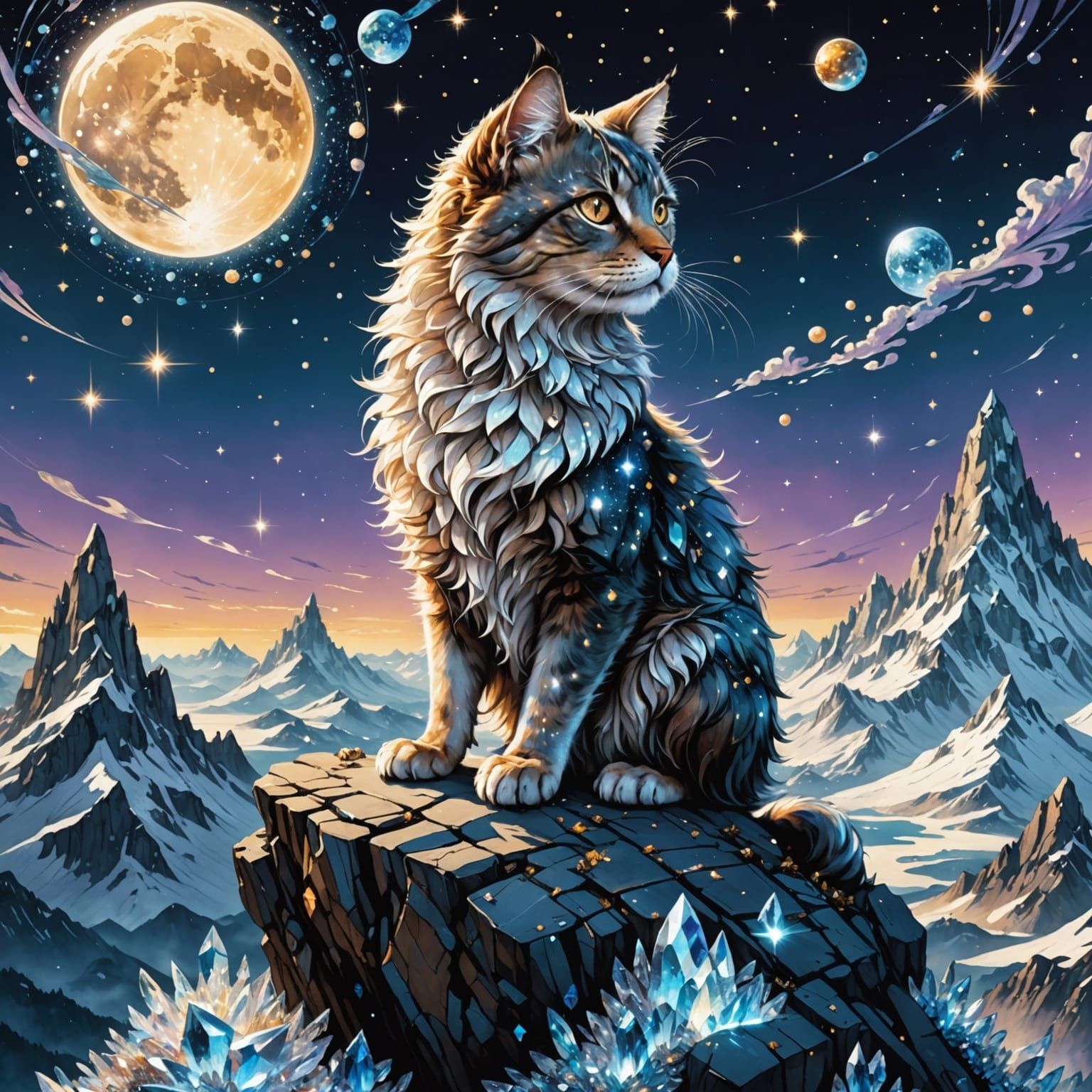 Stardust Cat on Crystal Mountain Dreamscape
