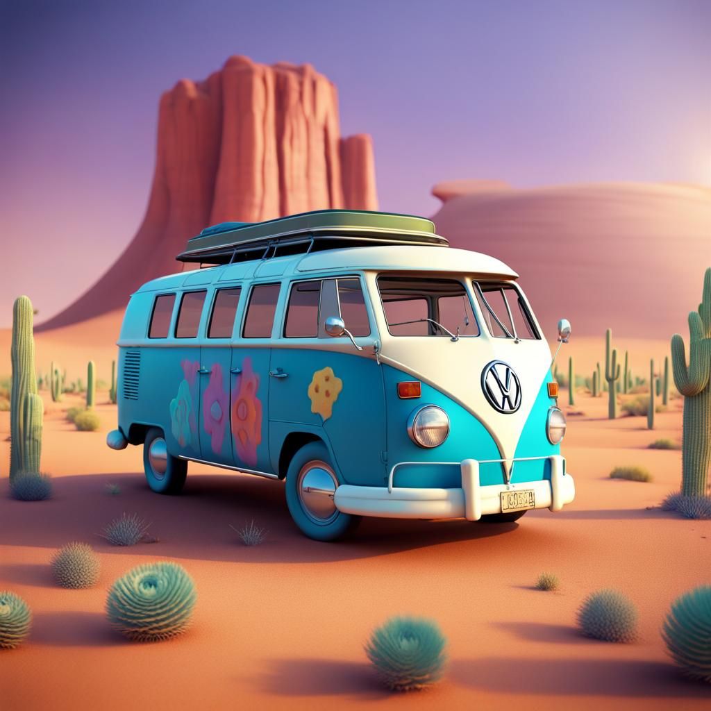 VW Bus in Desert: Pixar-Style 3D Digital Art