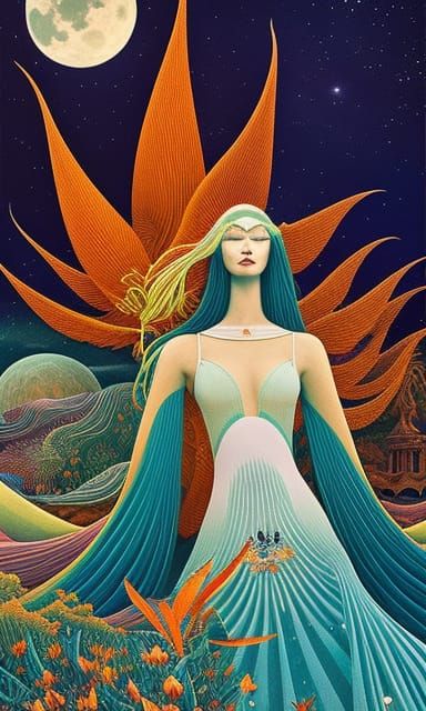Celestial Woman in Surreal Strelitzia Bed