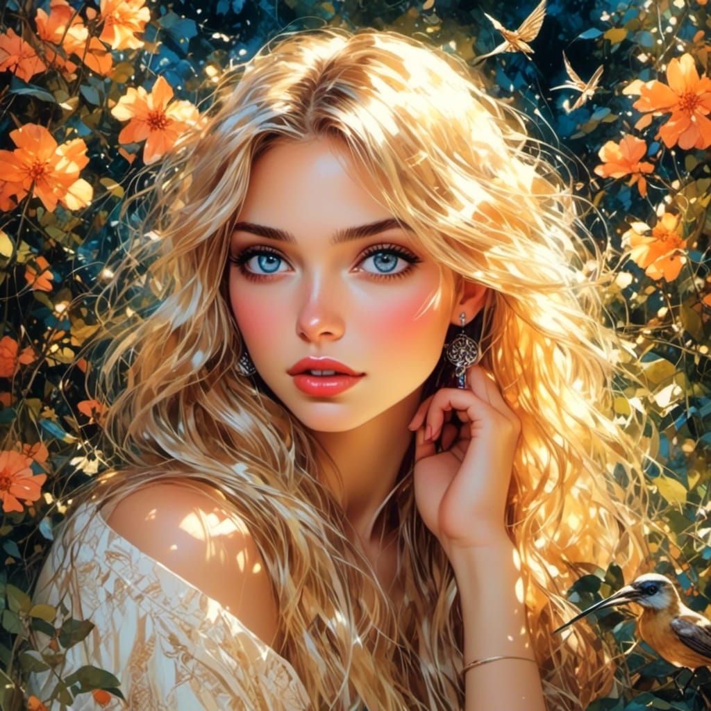 Blonde Woman in Garden Watching Birds: Anime Painting