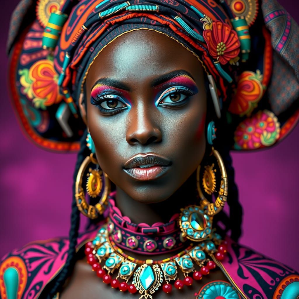 Naomi Campbell in African Clothing: Synthwave Portrait