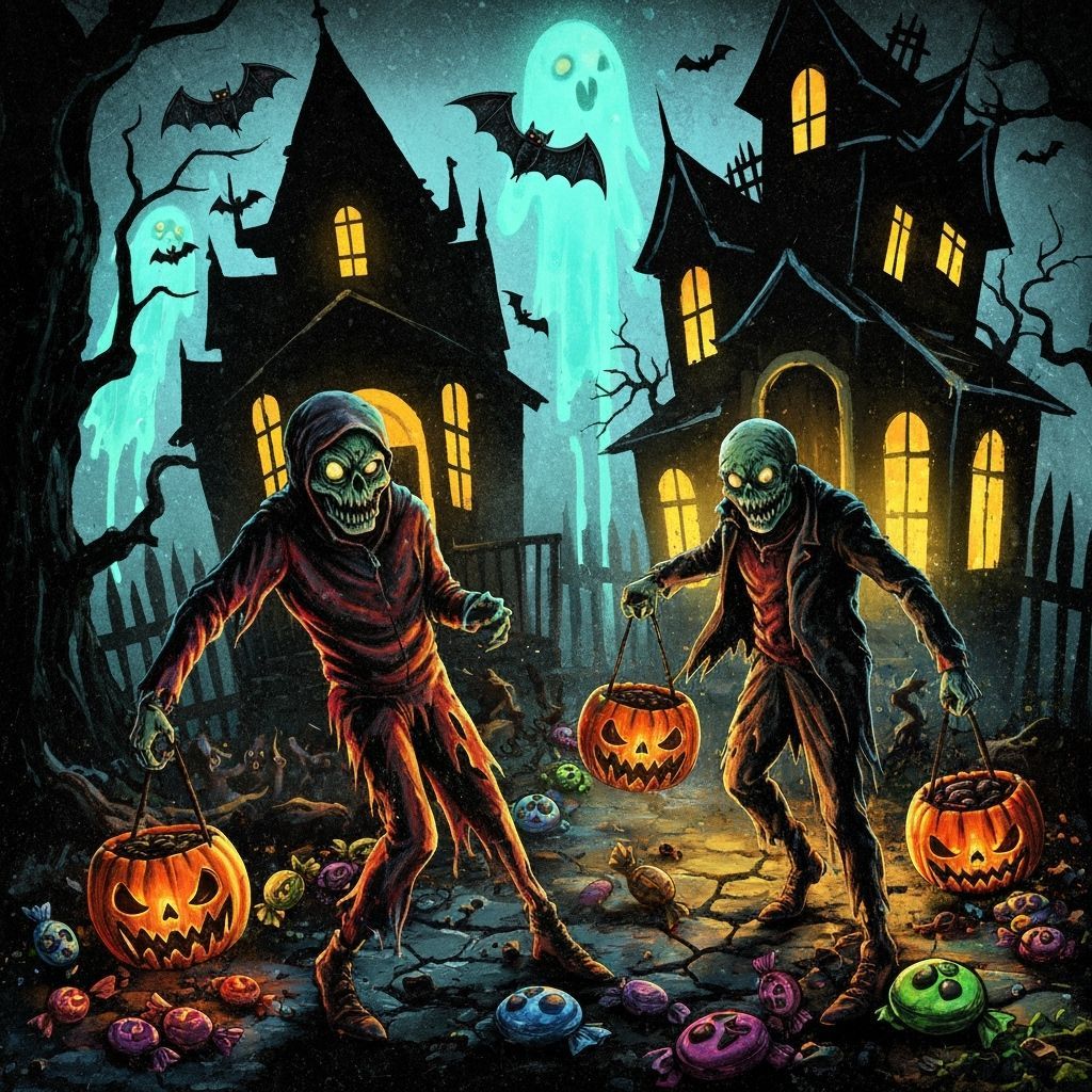 Ghouls Trick-or-Treating in Vibrant Graffiti Art Style