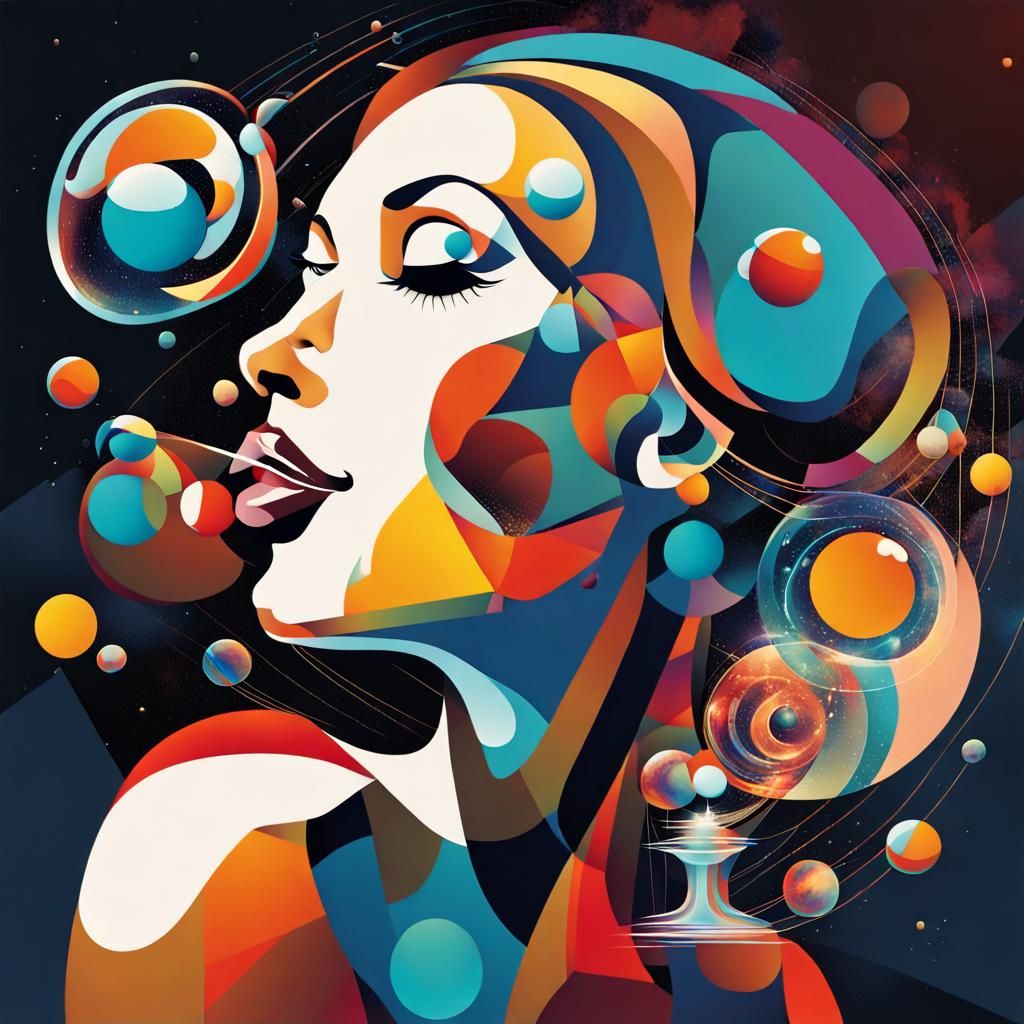 Cubist Galaxy: Stylish Woman Blowing Bubbles
