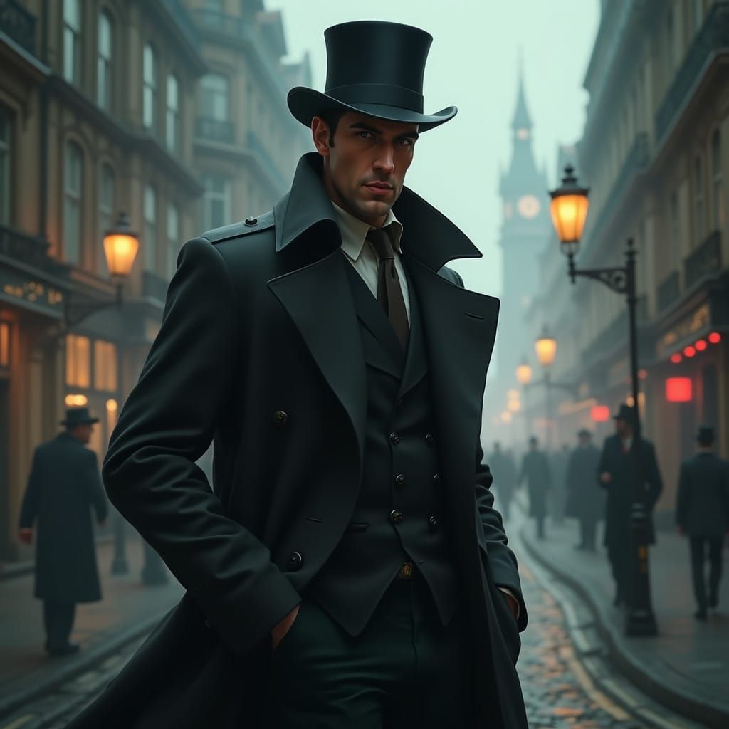 Victorian Detective in Foggy London Streets