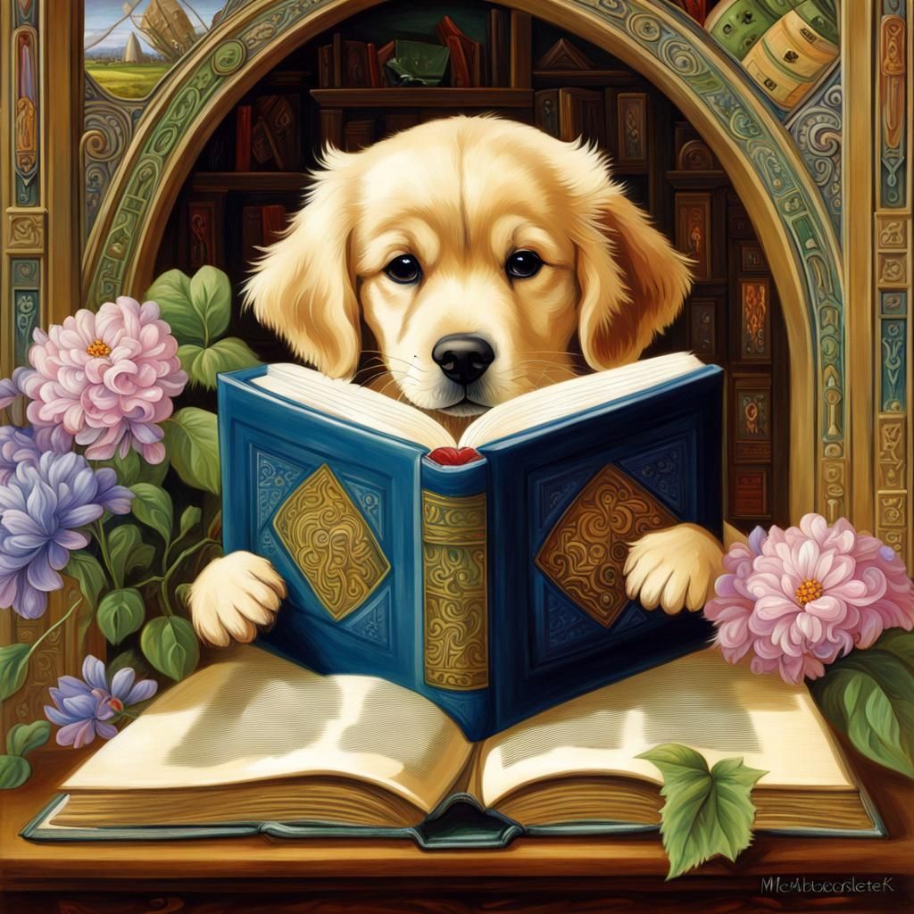 Golden Retriever Puppy Reads Book in Illuminated Manuscript ...