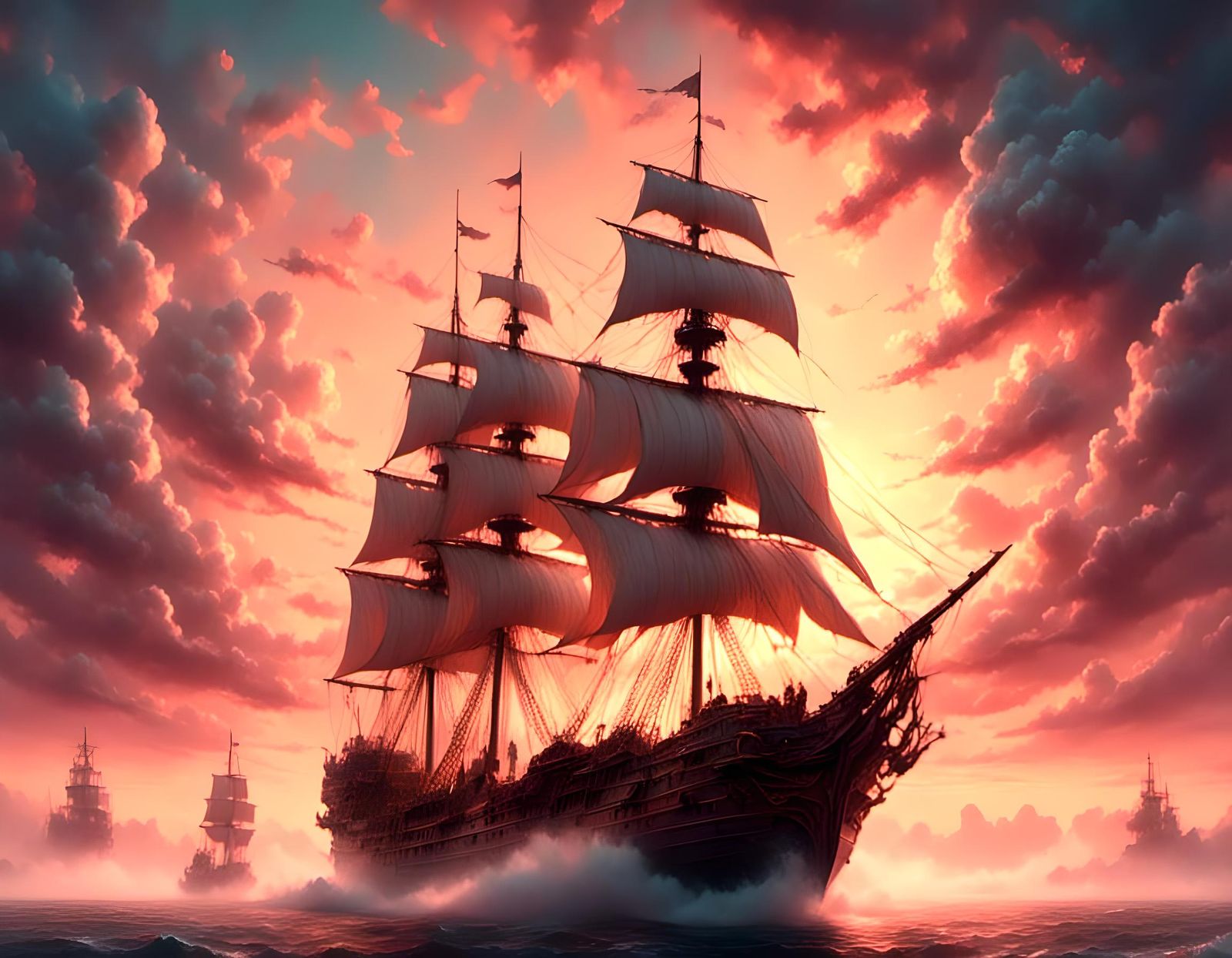 Abstract Pirate Ship Portrait in Synthwave Sunset