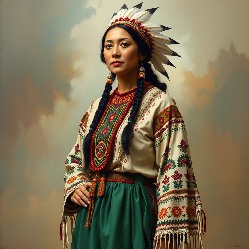 Vibrant Native American Woman in Traditional Attire, Blendin...
