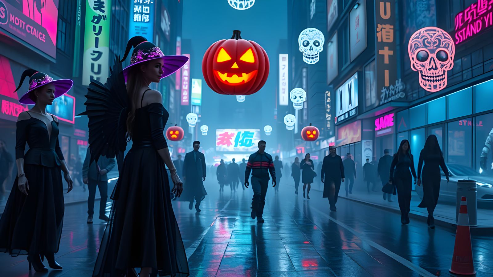 Futuristic Halloween Street Scene in Cyberpunk Style