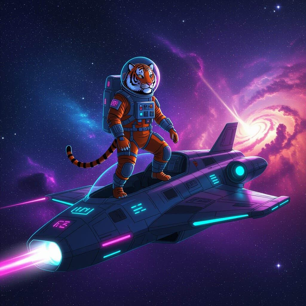 Tiger Astronaut on Spaceship in Galaxy, Futuristic Art
