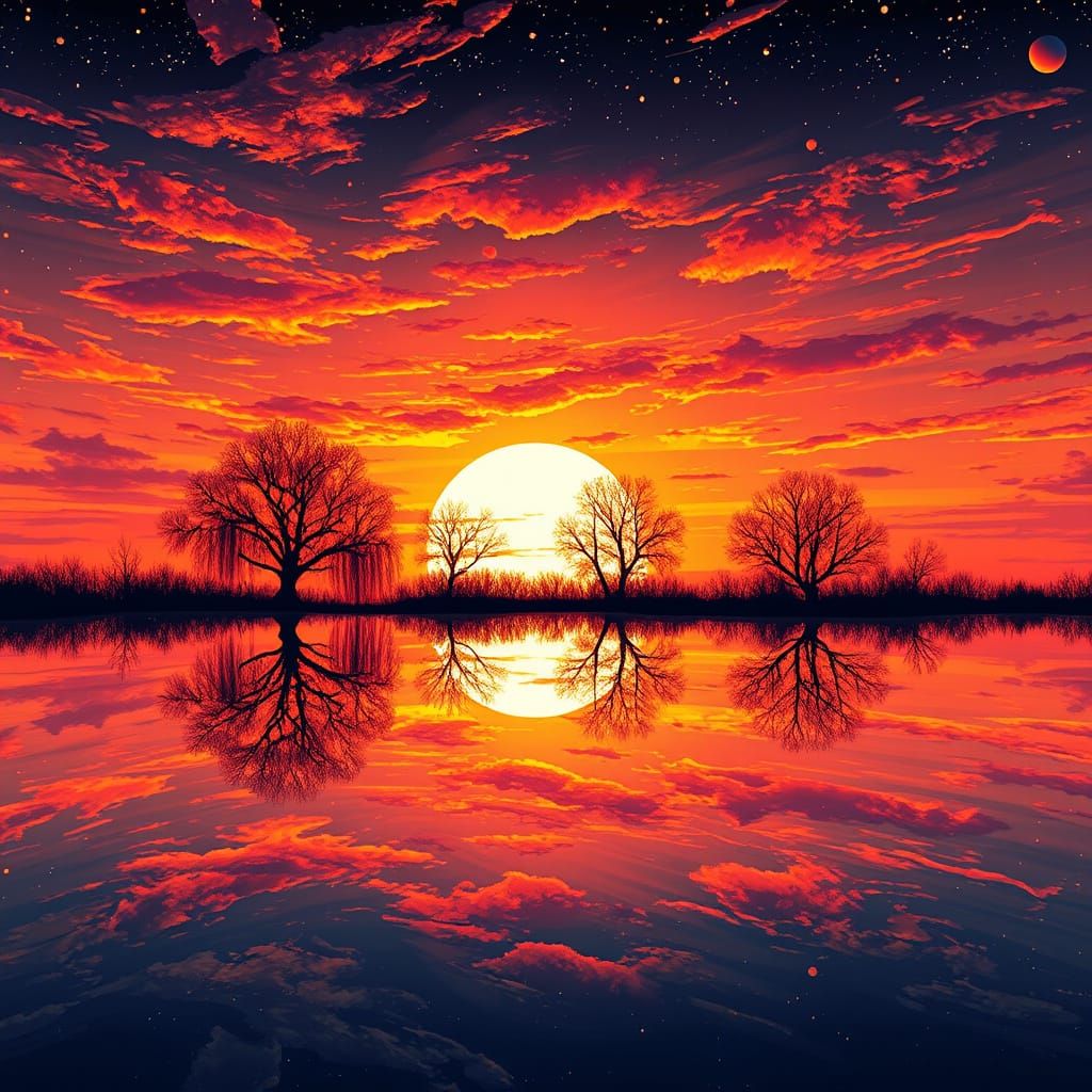 Sunset in Outer Space with Reflective Colors