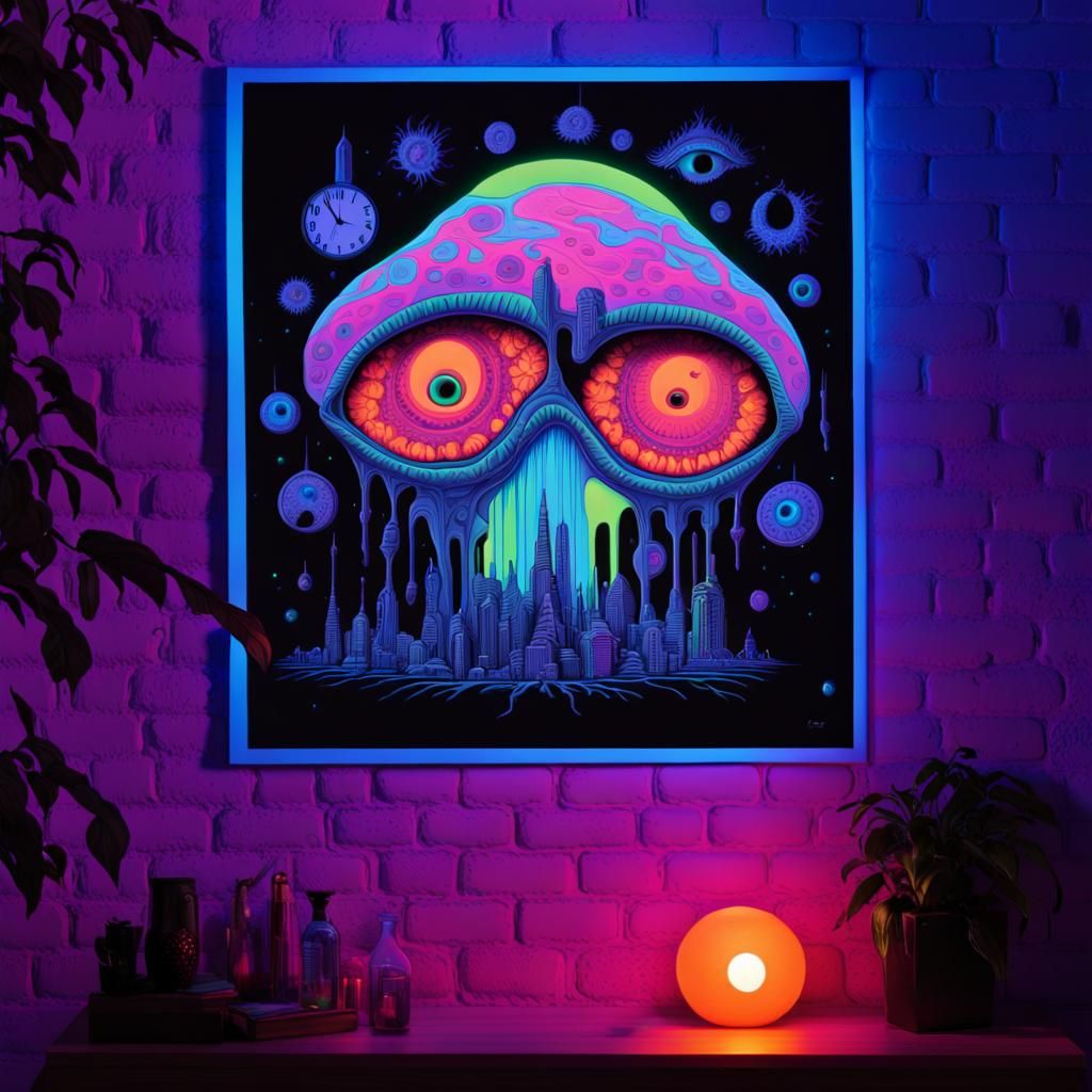 Psychedelic Blacklight Poster of a Surreal City