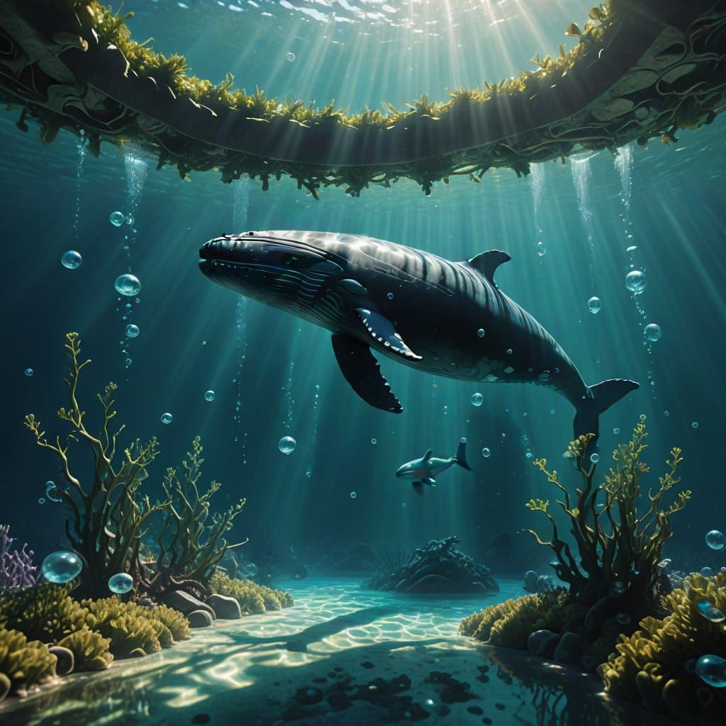 Whale Sculpture in Serene Oceanic Scene