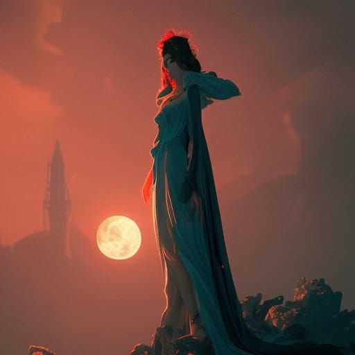 Gothic Nightgown Under the Moon in Digital Art