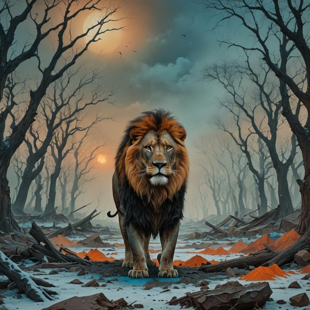 Surreal Apocalypse Lion in Beksiński Style