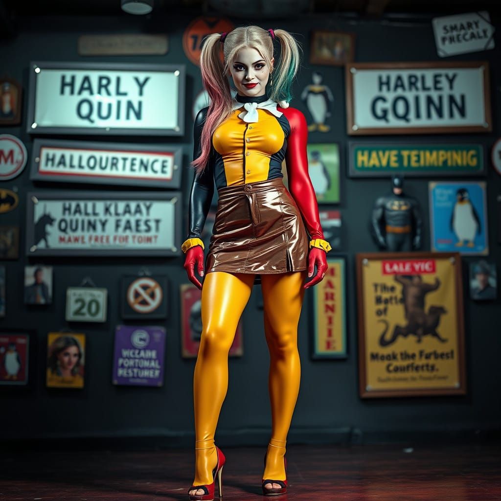 Harley Quinn, yellow shiny pantyhose, long legs, plated skirt, high heels, long hair, sexy stand, background with text s...