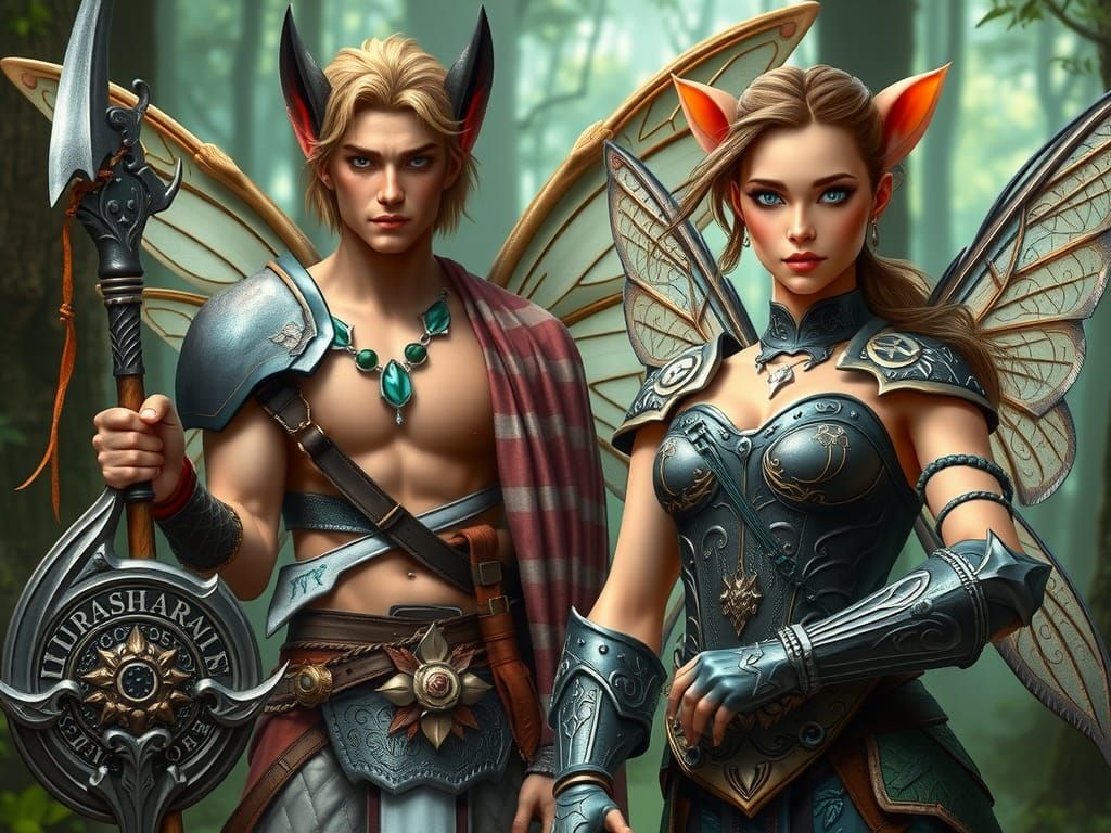 Fairy Warriors and Wolf in Lush Forest