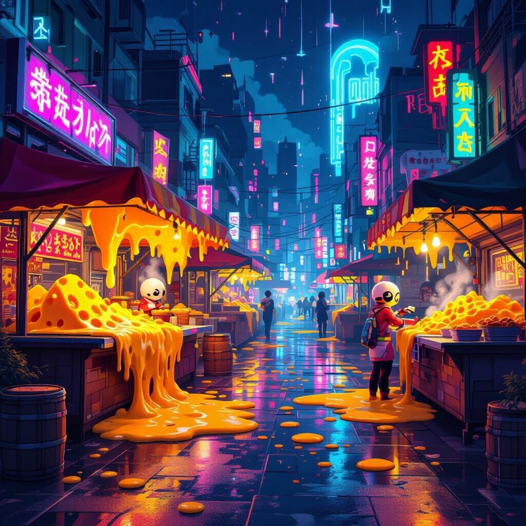 Vibrant Cheese Festival in a Neon Cyberpunk Style