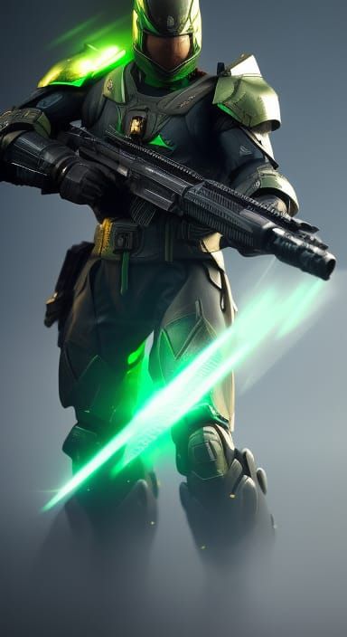 Mech Ninja in Emerald Armor, Hyperrealistic Sci-Fi