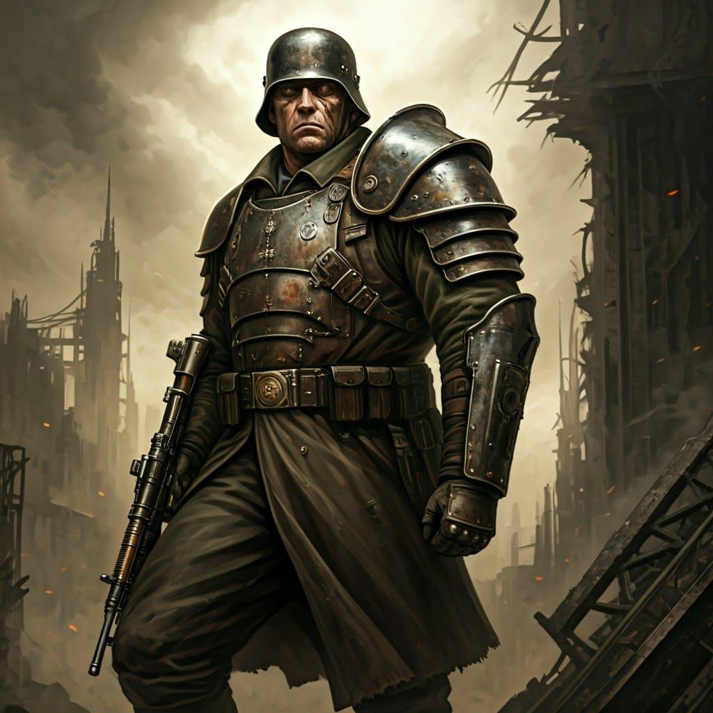 Dieselpunk Warrior in Distressed German Helmet