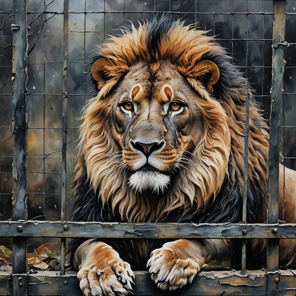 Sad Lion in Cage, Impasto Style Oil Painting