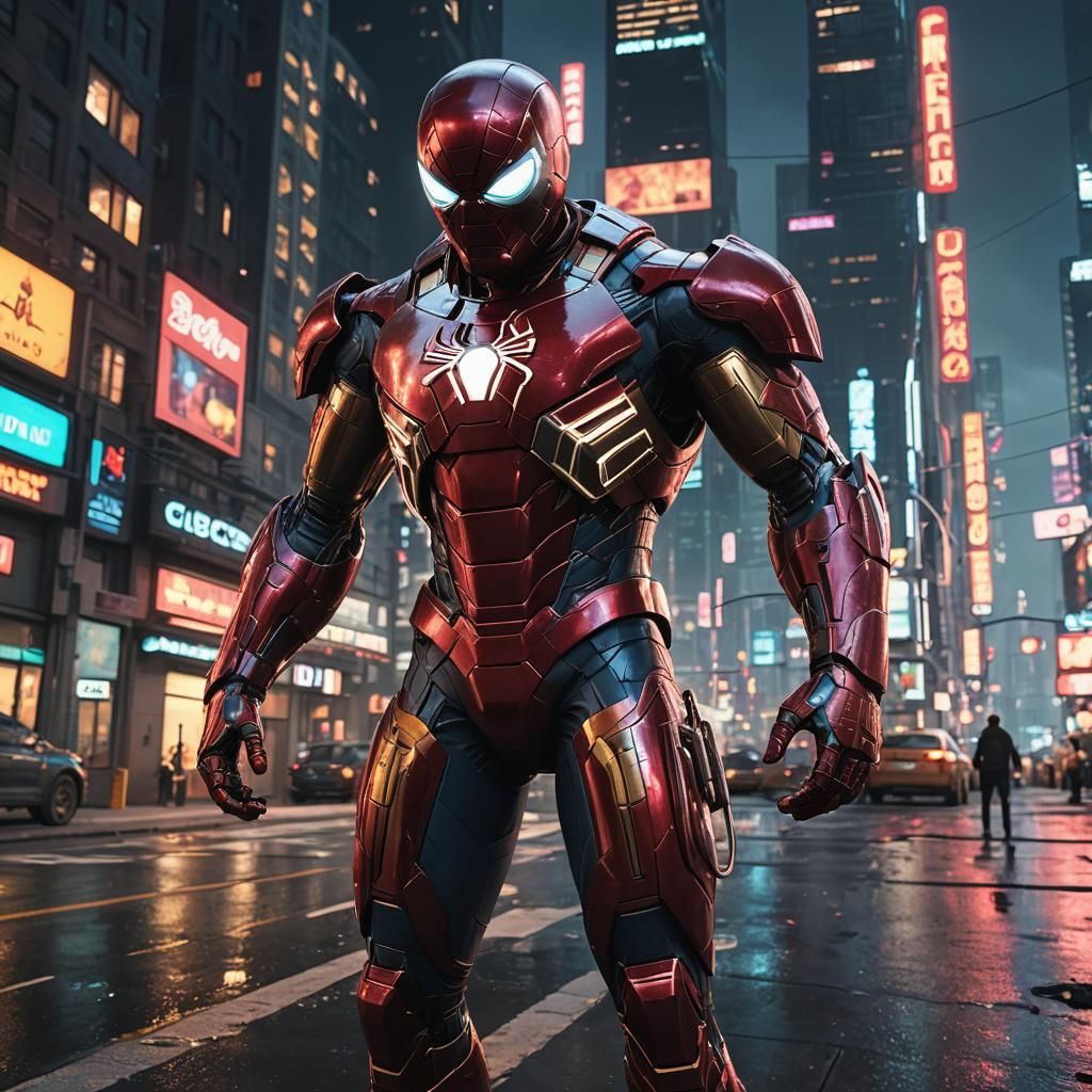 Spider-Man in Iron Man Armor in Futuristic City