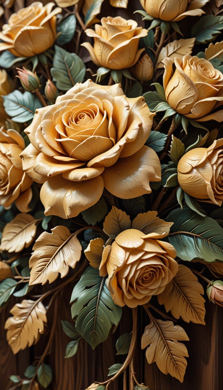 Elegant Baroque Woodcarving of a Rose Bouquet