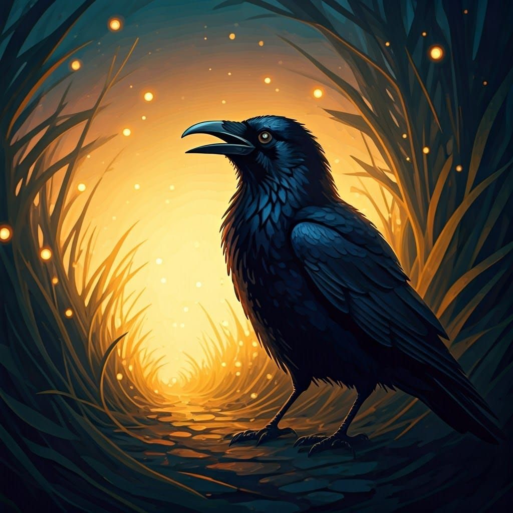 Crow in Dreamscape with Fireflies, as Van Gogh Painting